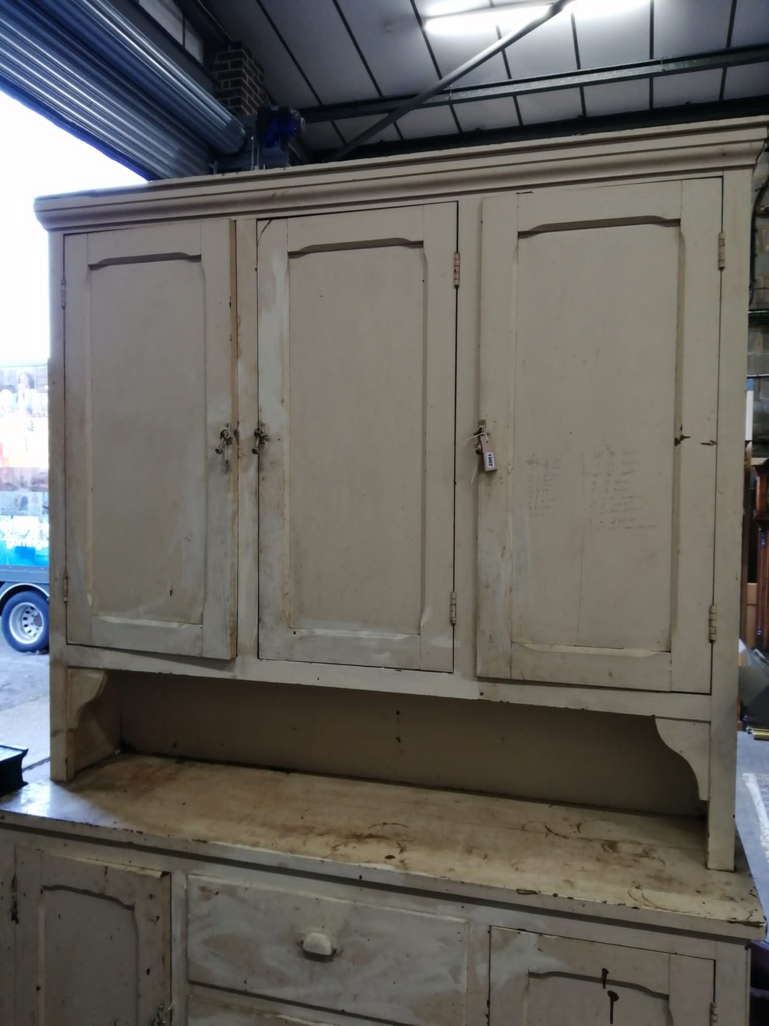 A late Victorian painted pine dresser, width 158cm, depth 46cm, height 230cm